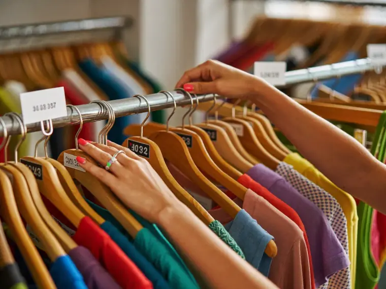 Mãos arrumando vestidos coloridos na arara de uma loja de moda